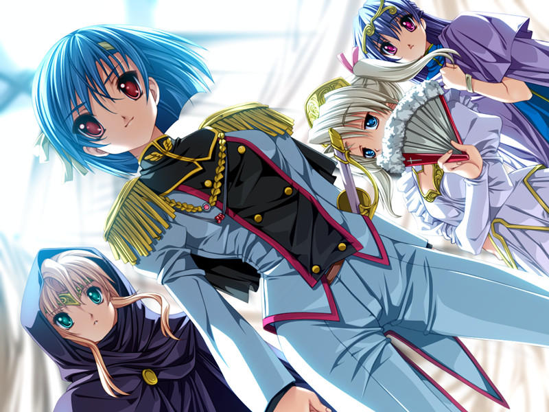4girls, aqua_eyes, blonde_hair, blue_eyes, blue_hair, bracelet, circlet, cleavage_cutout