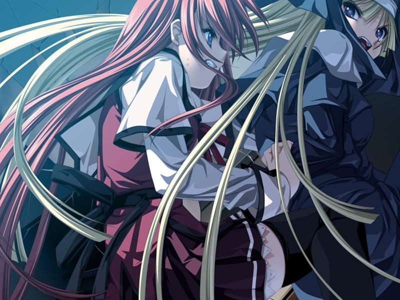 1boy, 1girl, angry, battle, blonde_hair, blue_eyes, crossdressinging, game_cg