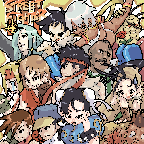 4girls, 6+boys, alex_(street_fighter), capcom, chun-li, dark_skin, dudley, elena