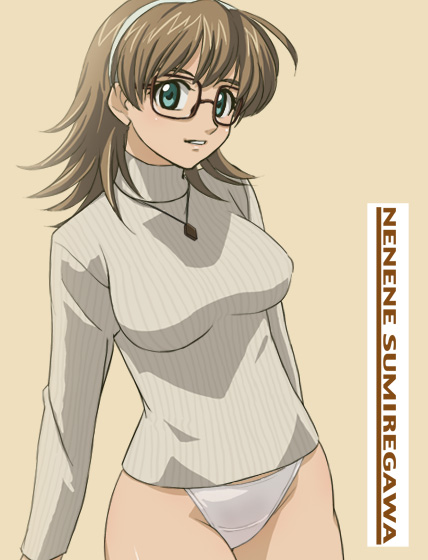 00s, 1girl, breasts, brown_hair, glasses, green_eyes, hairband, haruyama_kazunori