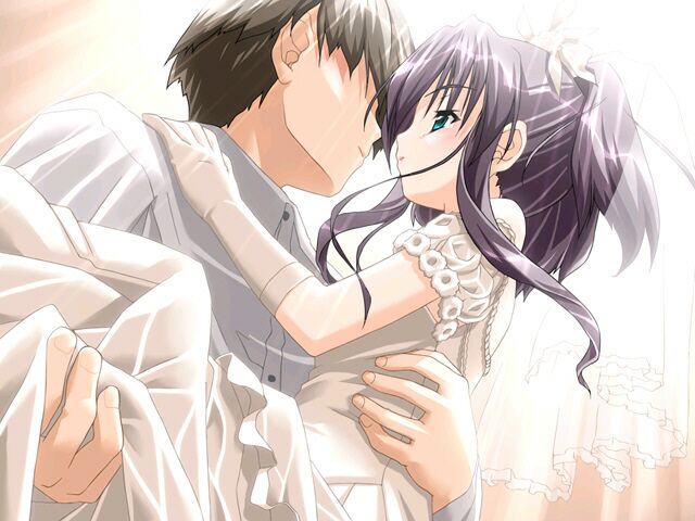 1boy, 1girl, akata_itsuki, bridal_veil, bride, carrying, couple, dress, elbow_gloves, eye_contact, game_cg, gloves, green_eyes, hetero, incipient_kiss, kiss, kokoro_navi, looking_at_another, princess_carry, purple_hair, veil, wedding_dress