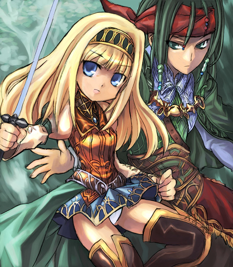 1boy, 1girl, alicia, alicia_(valkyrie_profile_2), blonde_hair, blue_eyes, boots, green_eyes, green_hair, hair_ornament, hairband, headband, kouno_hikaru, long_hair, overskirt, panties, pantyshot, puffy_sleeves, rufus, rufus_(valkyrie_profile), skirt, thigh-highs, thigh_boots, underwear, upskirt, valkyrie_profile, valkyrie_profile_2, white_panties, zettai_ryouiki