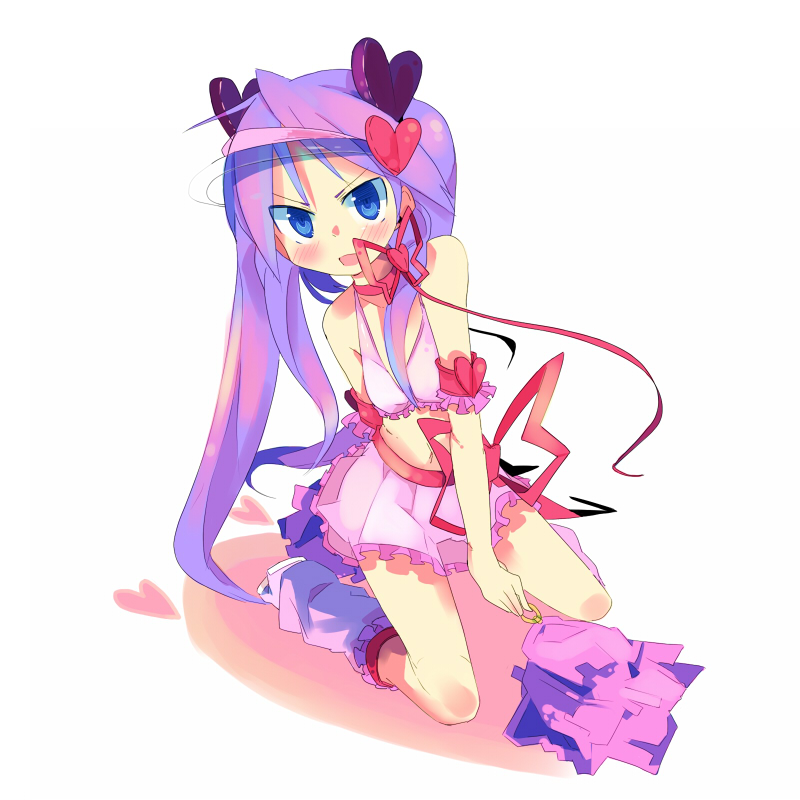 amulet_heart, amulet_heart_(cosplay), angry, bare_shoulders, blue_eyes, blush, choker, collarbone, cosplay, embarrassed, frills, frown, hair_ornament, heart, hiiragi_kagami, hinamori_amu, hinamori_amu_(cosplay), kanikama, kneehighs, long_hair, lucky_star, magical_girl, midriff, miniskirt, navel, pom_poms, purple_hair, ribbon, ribbons, shugo_chara!, simple_background, sitting, skirt, socks, solo, tsurime, twintails, visor, visor_cap, wariza