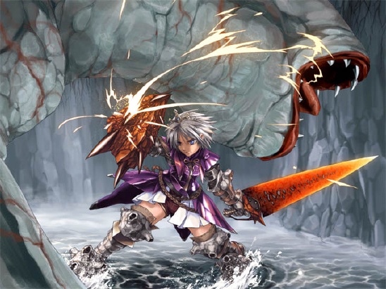 1girl, armor, battle, blue_eyes, boots, capcom, fighting, gravios_(armor), grey_hair, khezu, monster, monster_hunter, shield, short_hair, silver_hair, sword, takekawa_shin, thigh-highs, thigh_boots, vespoid_(armor), weapon