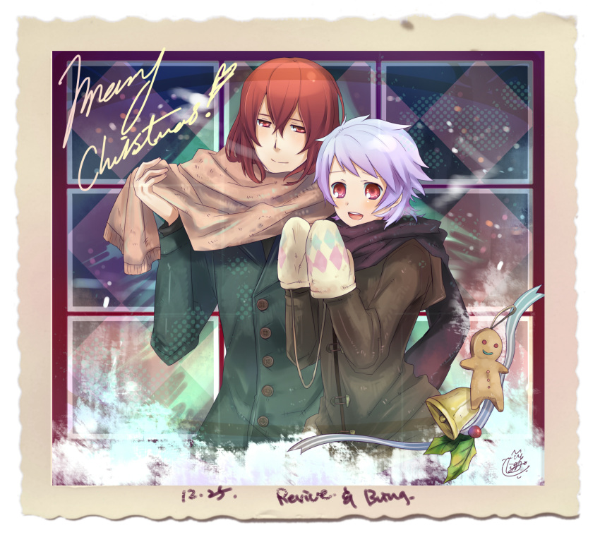 bring_stabity, christmas, cookie, cookies, food, glove, gloves, gundam, gundam_00, highres, innovator, innovators, kippu, male, purple_hair, red_eyes, red_hair, redhead, revive_revival, scarf