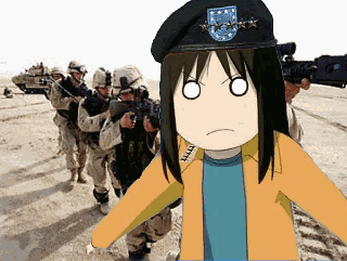 animated, animated_gif, azumanga_daioh, cosplay, crossover, hat, iraq, kasuga_ayumu, lowres, military, muhammad_saeed_al-sahhaf, muhammad_saeed_al-sahhaf_(cosplay), shouting, war