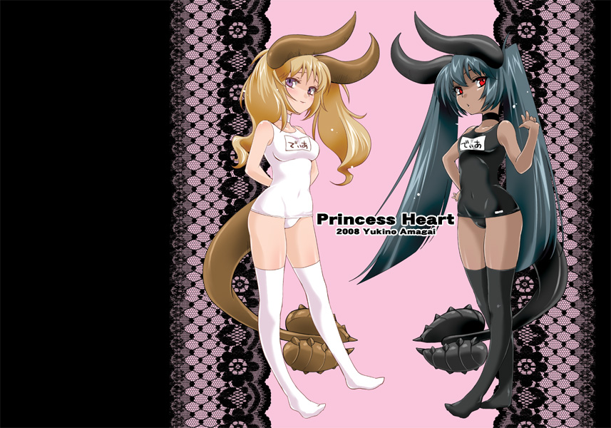 2girls, amagai_yukino, black_diablos, capcom, diablos, horns, monster_hunter, multiple_girls, name_tag, one-piece_swimsuit, personification, school_swimsuit, swimsuit, thigh-highs, white_school_swimsuit, white_swimsuit