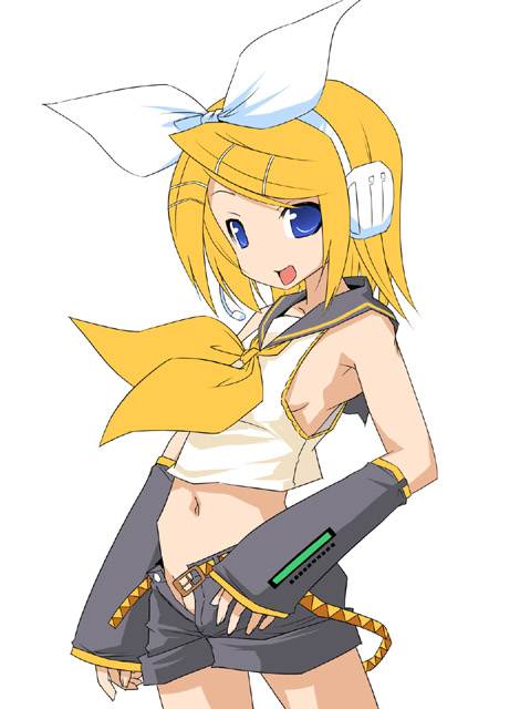 1girl, belt, blonde_hair, blue_eyes, breasts, detached_sleeves, flat_chest, groin