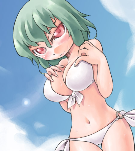 1girl, bikini, breasts, clouds, female, front-tie_top, green_hair, hands_on_own_chest