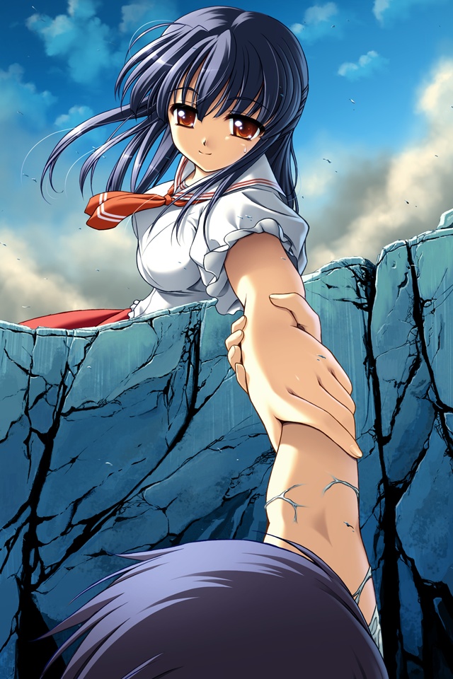 2girls, ayakashi, ayakashi_h, blue_hair, clouds, hand_holding, kusaka_yuu, multiple_girls