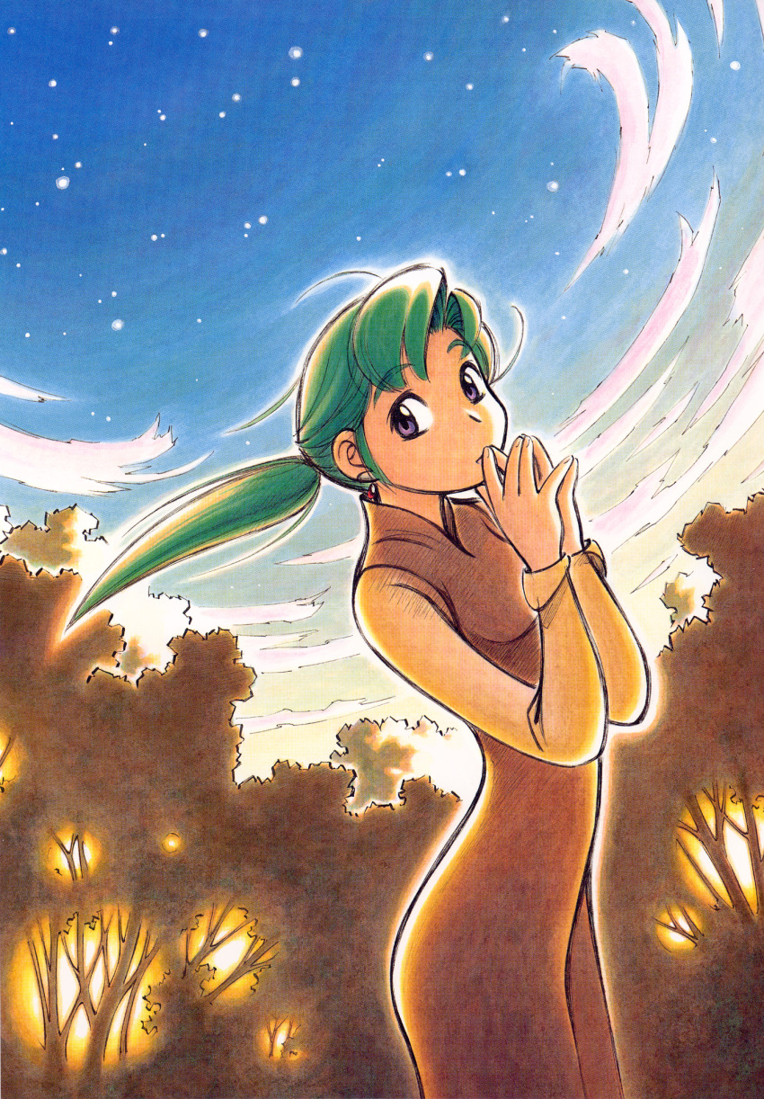 1girl, ashinano_hitoshi, clouds, green_hair, hatsuseno_alpha, highres, outdoors, ponytail