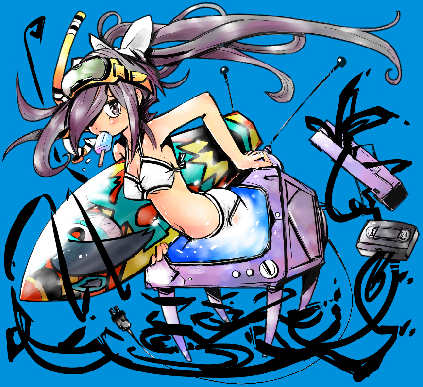 1girl, bad_id, bikini, diving_mask, fujitama_(pixiv33059), hair_over_one_eye, long_hair, mouth_hold, popsicle, scuba, snorkel, solo, surfboard, swimsuit, television, the_ring, through_screen, videocasette, yamamura_sadako