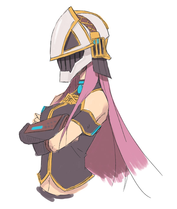 crossed_arms, final_fantasy, final_fantasy_xi, helmet, kusaka_kokage, megurine_luka, pink_hair, solo