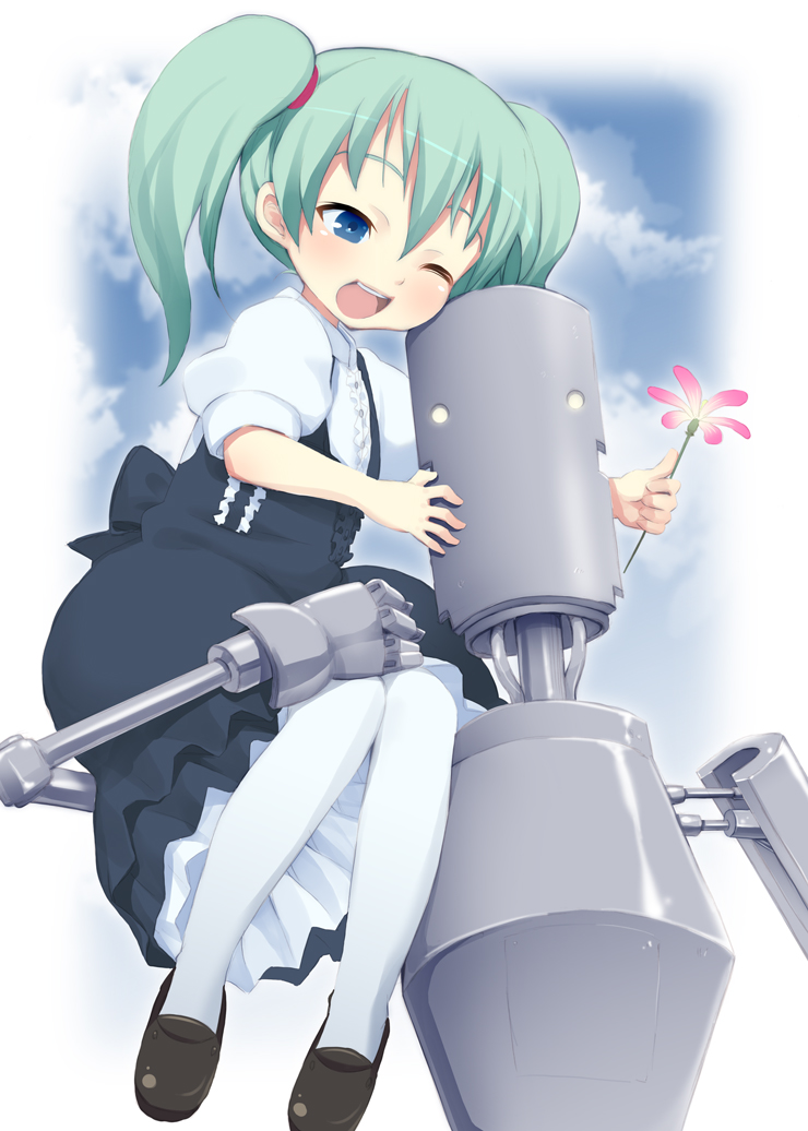 blue_eyes, carrying, cloud, clouds, dress, flower, green_hair, hatsune_miku, kishiri_toworu, open_mouth, pantyhose, robot, sitting_on_shoulder, sky, towaru_ana, twintails, vocaloid, voice_(vocaloid), white_legwear, white_pantyhose, wink, young