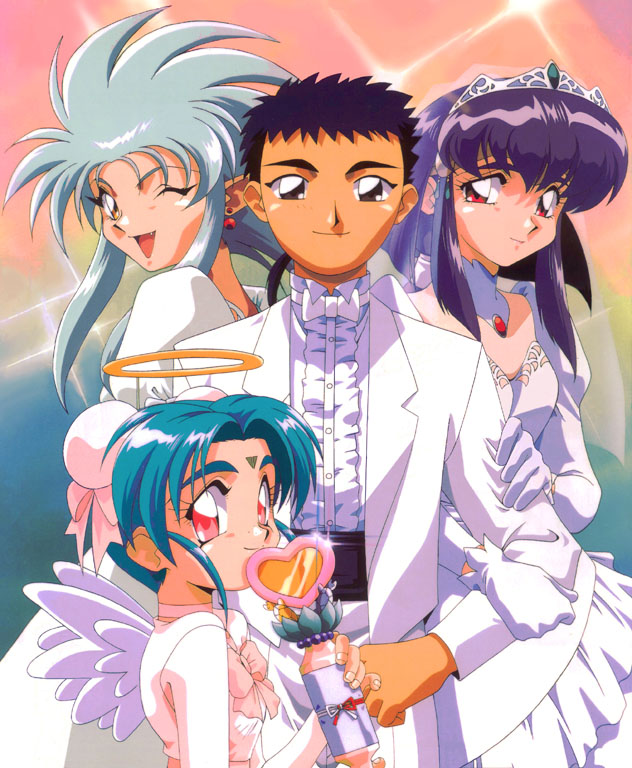 black_hair, blue_hair, earrings, facial_mark, forehead_mark, hakubi_ryoko, halo, jewelry