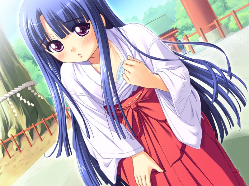 1girl, amemiya_mitsuho, blue_bra, blue_hair, blush, bra, furude_rika, game_cg