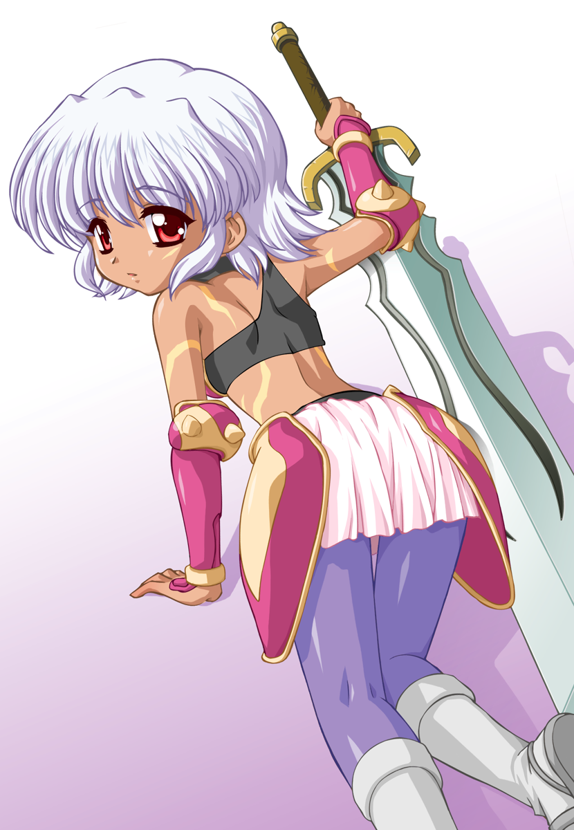 .hack//, .hack//tasogare_no_udewa_densetsu, 00s, armor, bandai, cyber_connect_2, dark_skin, highres, kunisaki_rena, osaka_yoshiya, pink_hair, red_eyes, short_hair, sword, weapon