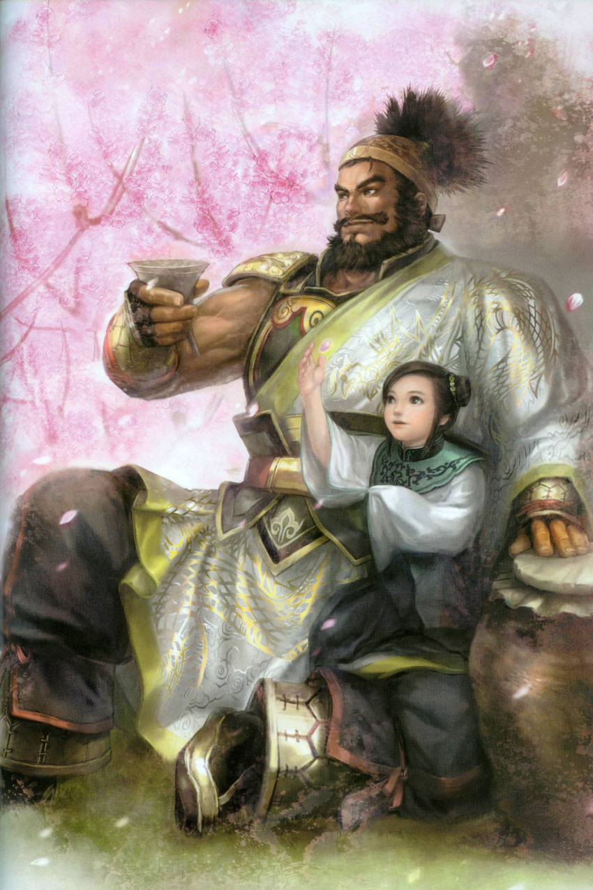 absurdres, alcohol, armor, beard, cherry_blossoms, facial_hair, highres, petals