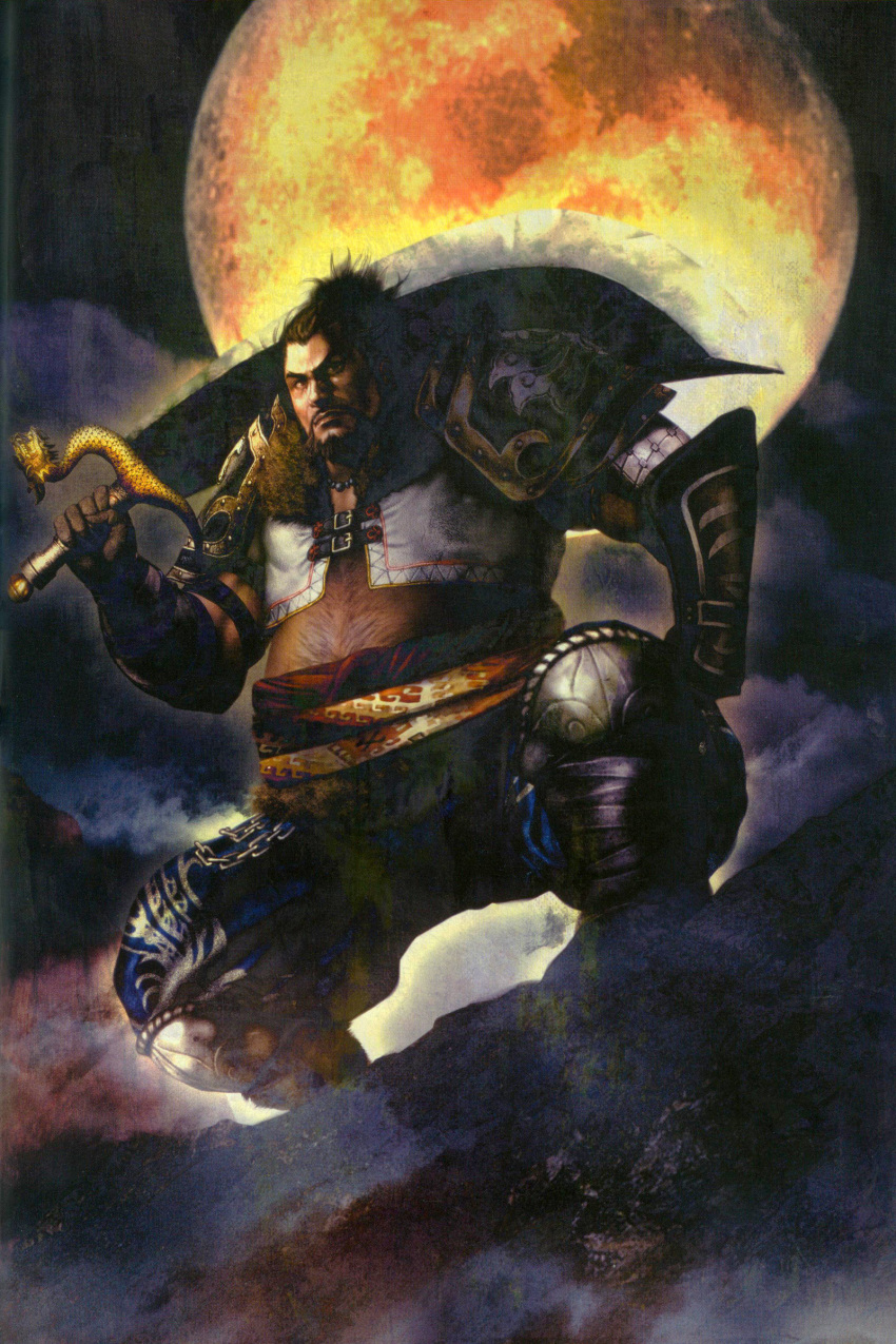 1boy, absurdres, armor, highres, male_focus, moon, outdoors, scan
