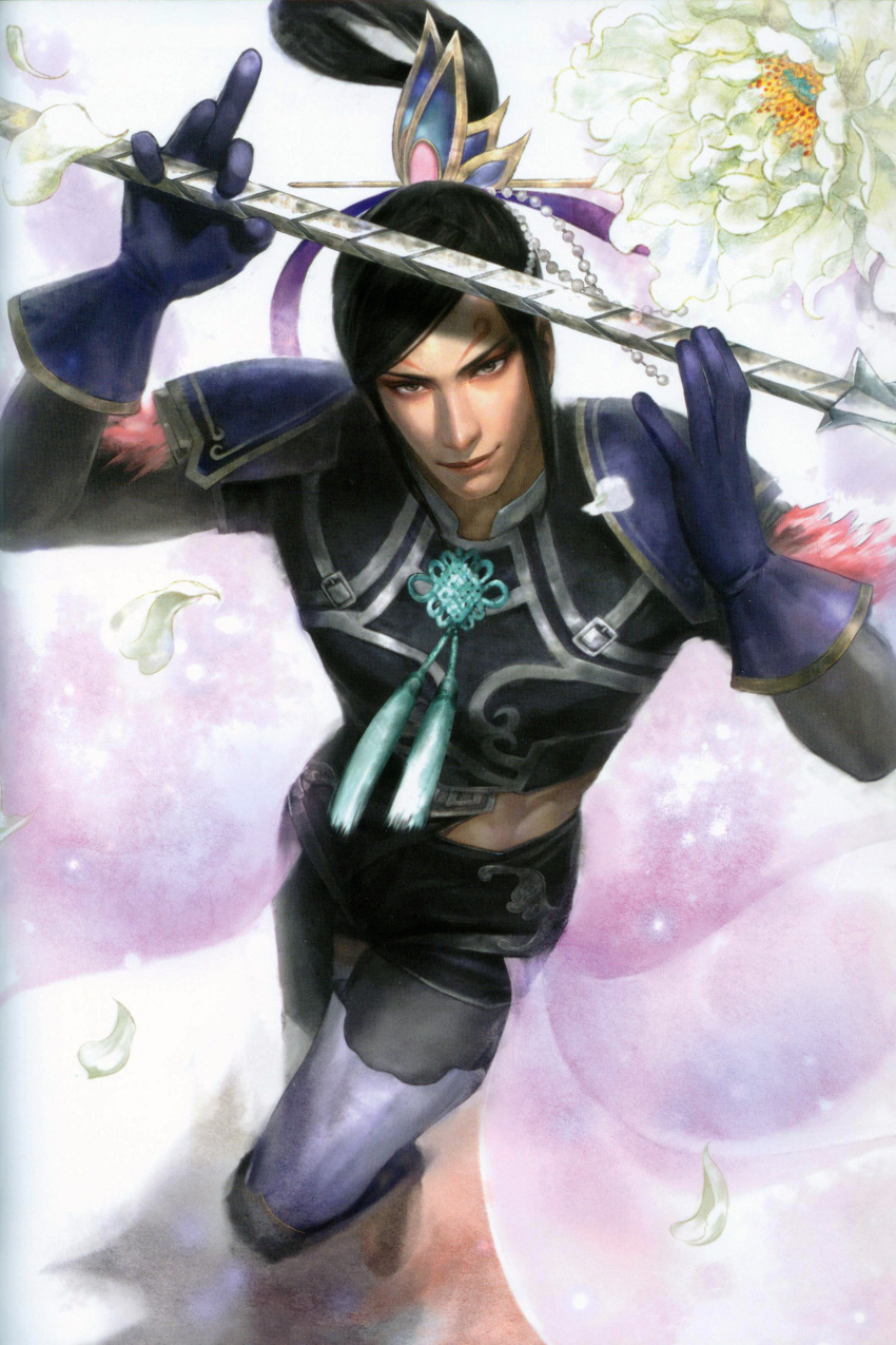 1boy, absurdres, armor, flower, gradient, gradient_background, highres, male_focus