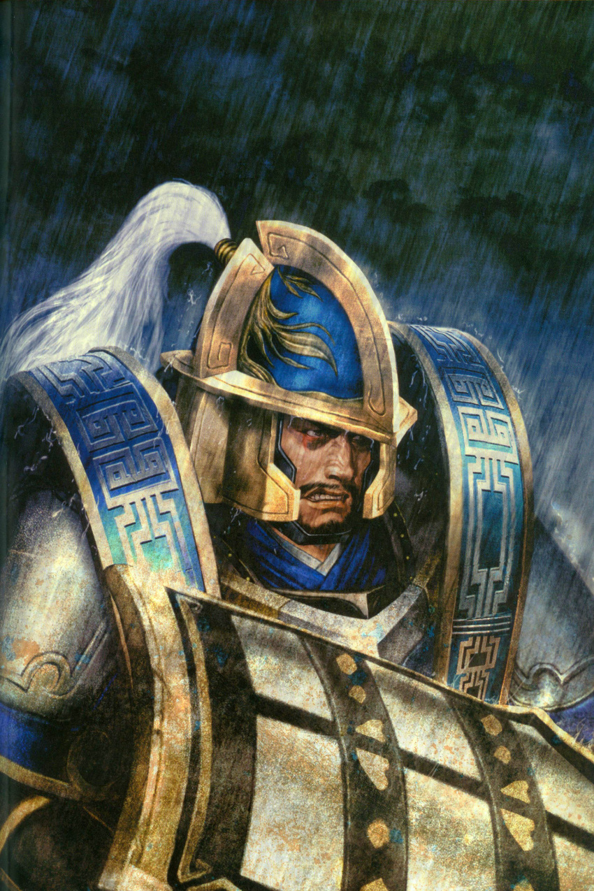 1boy, absurdres, armor, cao_ren, hat, helmet, highres, male_focus, outdoors, scan, shield, shin_sangoku_musou, sky, solo