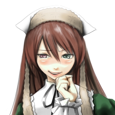 00s, 1girl, :d, blush, buchi_(artist), collar, dress, green_dress, hair_between_eyes, hand_to_own_mouth, head_scarf, long_hair, long_sleeves, looking_at_viewer, lowres, naughty_face, open_mouth, round_teeth, rozen_maiden, simple_background, smile, solo, suiseiseki, teeth, very_long_hair, white_background, wrist_cuffs