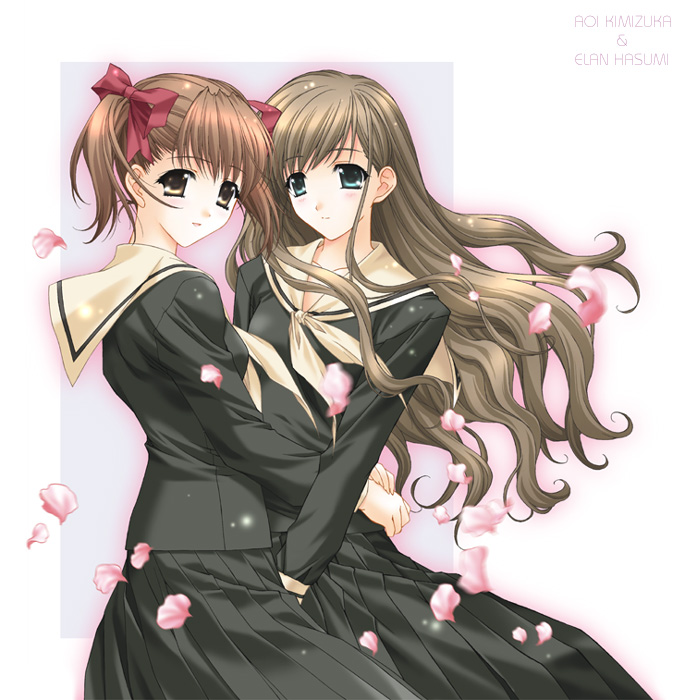 00s, 2girls, aqua_eyes, artist_name, brown_eyes, brown_hair, cherry_blossoms, floating_hair