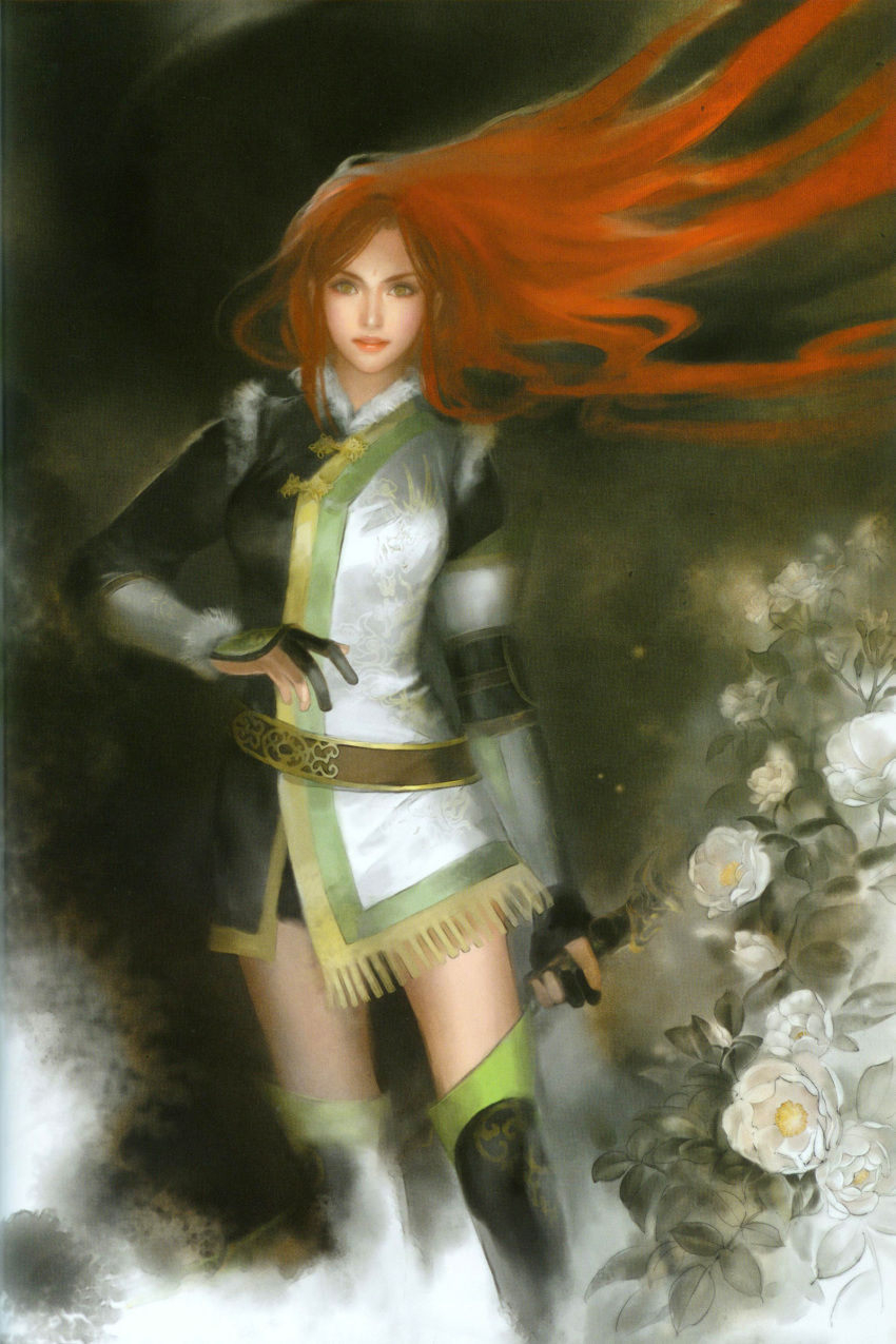 1girl, absurdres, belt, flower, fringe, fur_trim, gloves, highres