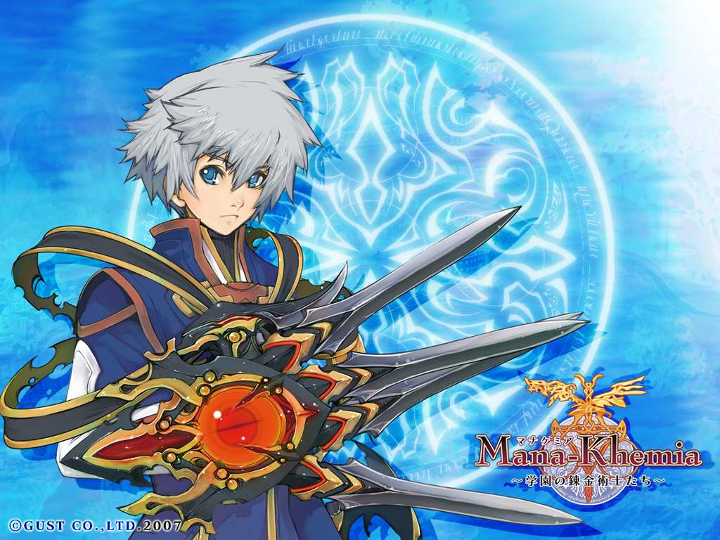 00s, 1boy, 2007, alchemy, atelier_(series), blue_background, blue_eyes, claws