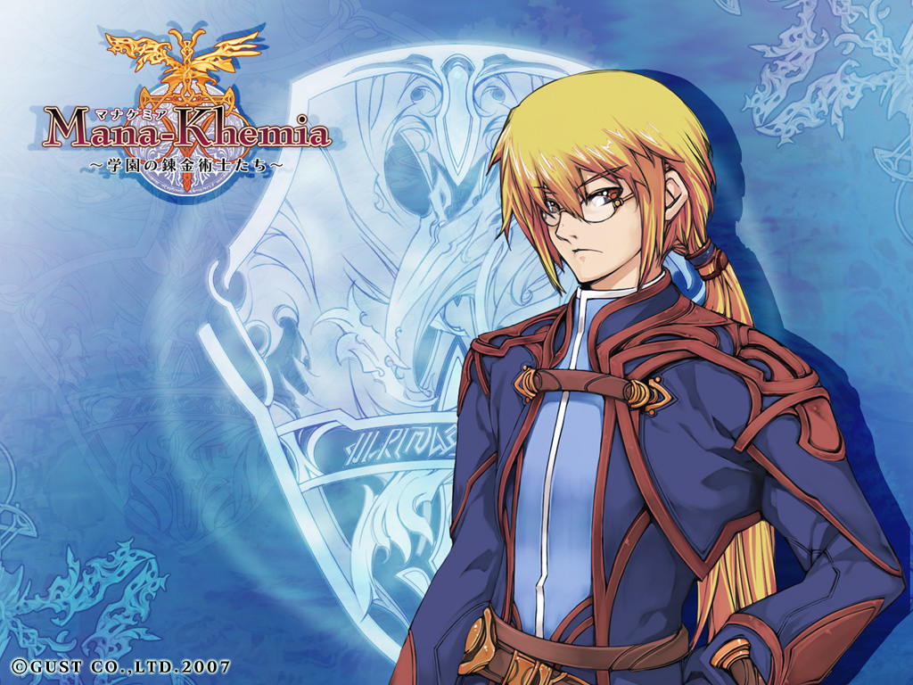 00s, 1boy, 2007, alchemy, atelier_(series), blonde_hair, blue_background, brown_eyes