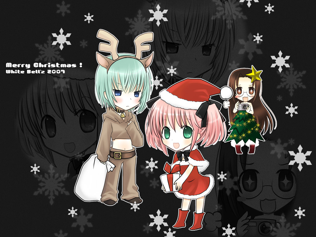 +_+, animal_costume, camera, christmas, christmas_tree, iwasaki_minami, kobayakawa_yutaka, lucky_star, midriff, reindeer, reindeer_costume, santa_costume, shima_yukiwa, snowflakes, tamura_hiyori