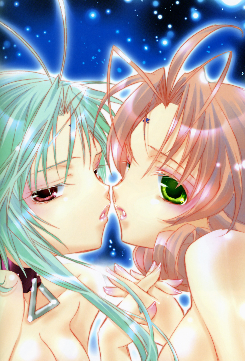 00s, 2girls, ahoge, breasts, cleavage, collar, dears, eyeshadow, face, fingernails, green_eyes, green_hair, hand_holding, highres, incipient_kiss, len, lipstick, makeup, miu, miu_(dears), multiple_girls, nail_polish, nude, official_art, peach-pit, pink_nails, red_eyes, ren_(dears), yuri