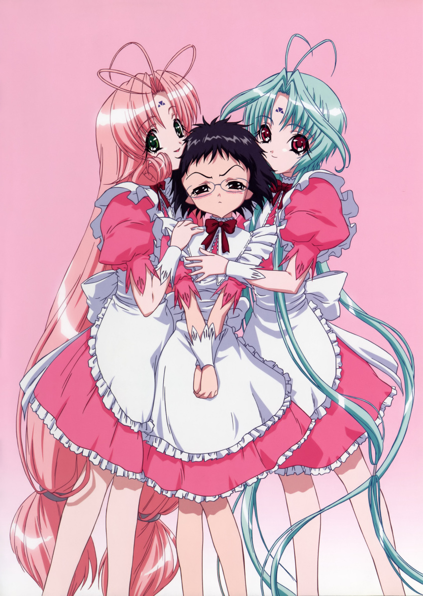 00s, 3girls, absurdres, apron, blush, brown_hair, dears, frills