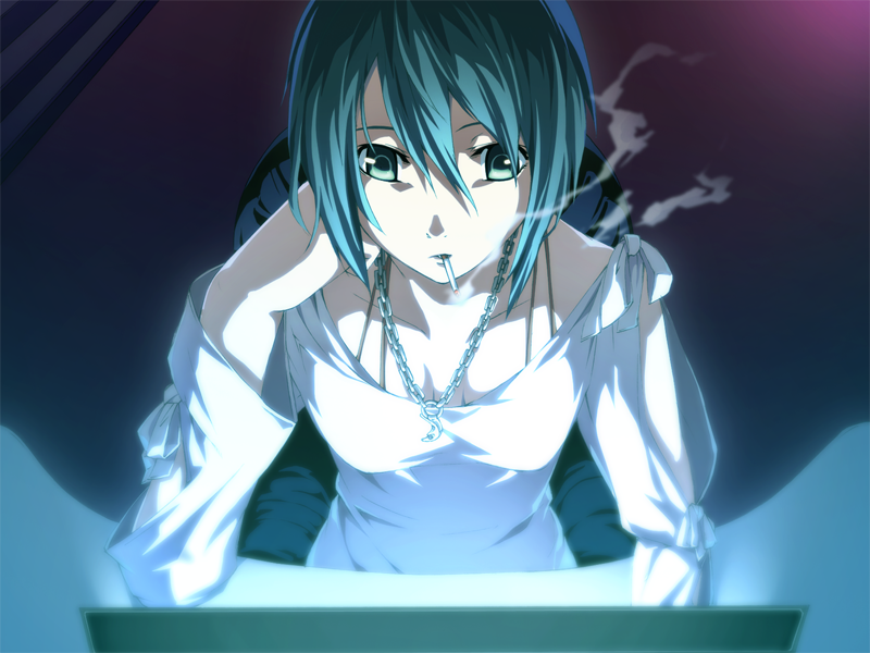 1girl, blue_hair, chains, cigarette, computer, dies_irae, g_yuusuke, game_cg