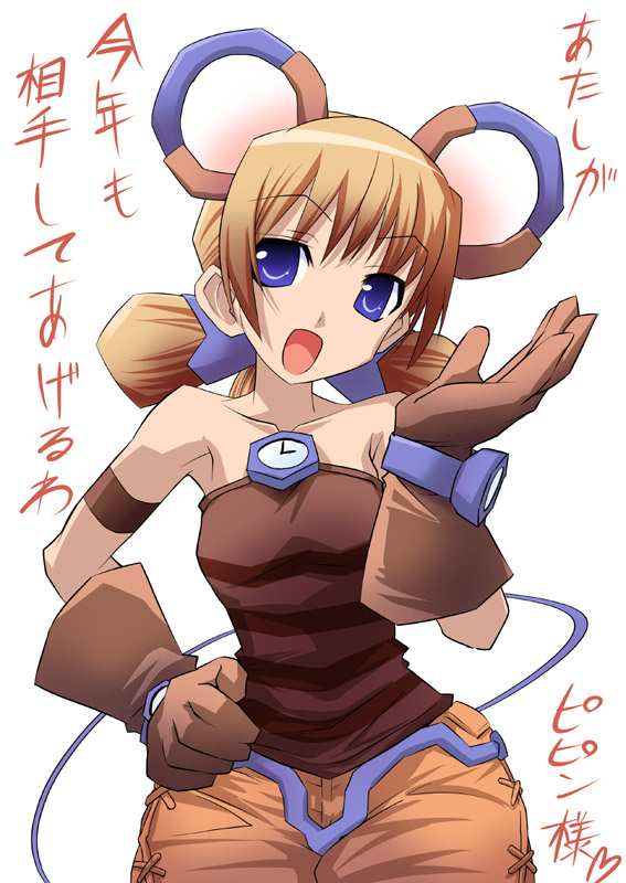1girl, animal_ears, armband, blue_eyes, brown_hair, clock, gloves, hand_on_hip