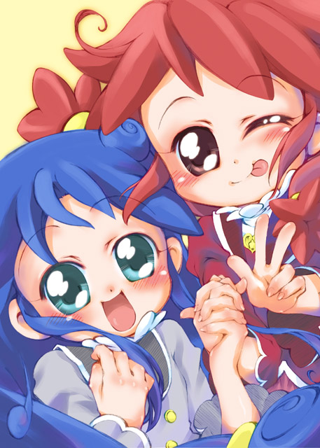 2girls, blue_eyes, blue_hair, brown_eyes, brown_hair, fine, fushigiboshi_no_futago_hime, multiple_girls