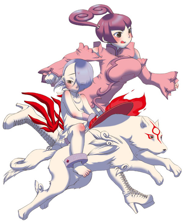 2girls, :d, amaterasu, barefoot, blush, boots, breath_of_fire, breath_of_fire_v
