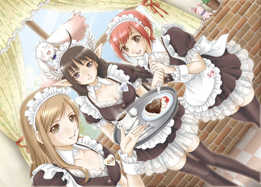 3girls, apron, black_hair, blush, breasts, brown_eyes, brown_hair, chocolate, cleavage, head_wings, heart, hiyori, large_breasts, lassi, long_hair, maid, maid_apron, multiple_girls, plate, pointy_ears, redhead, seena_kanon, sega, shining_(series), shining_wind, short_hair, thigh-highs, touka_kureha, tray, violet_eyes, xecty_ein, zettai_ryouiki