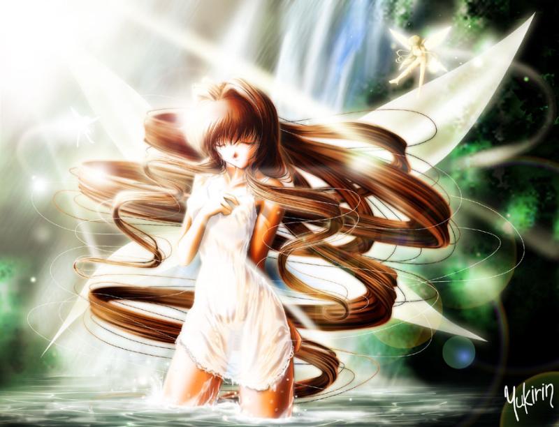 1girl, brown_hair, closed_eyes, dress, fairy, kanon, long_hair, misaka_kaori