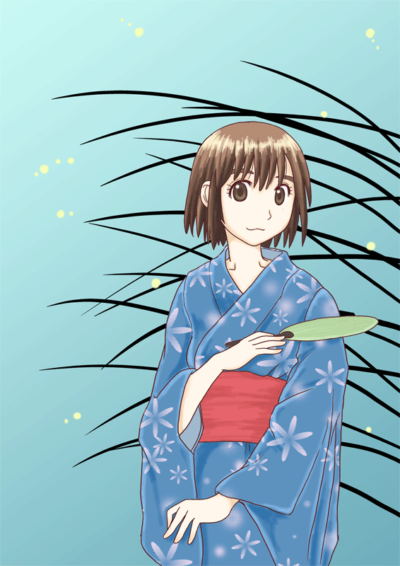 1girl, :3, ayase_fuuka, brown_hair, eyebrows, fan, japanese_clothes, kabaya_kousuke