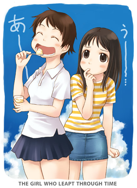 2girls, blush, brown_eyes, brown_hair, eating, finger_to_mouth, food, konno_makoto