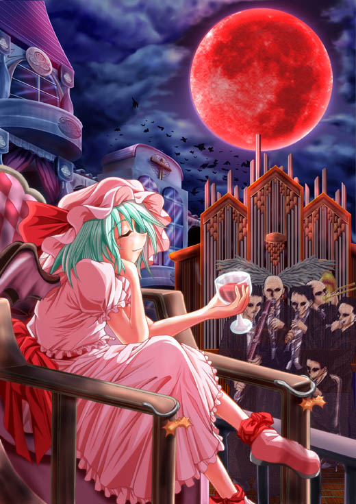 1girl, amamizu_(myofuu_kai), chair, cup, cupping_glass, drinking_glass, female, full_moon
