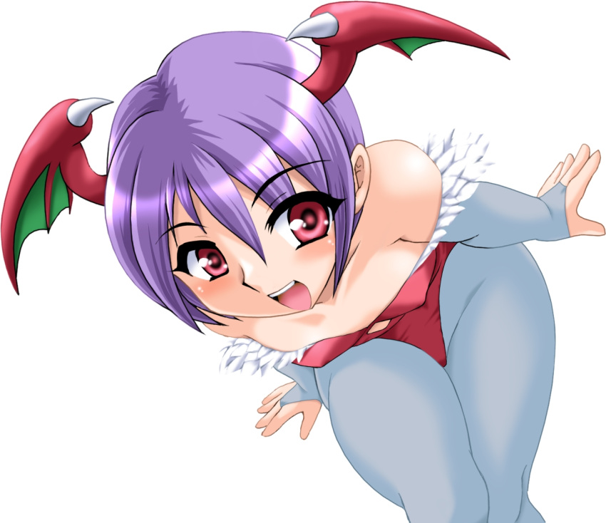 blue_legwear, capcom, demon_girl, elbow_gloves, flat_chest, gloves, happy, head_wings