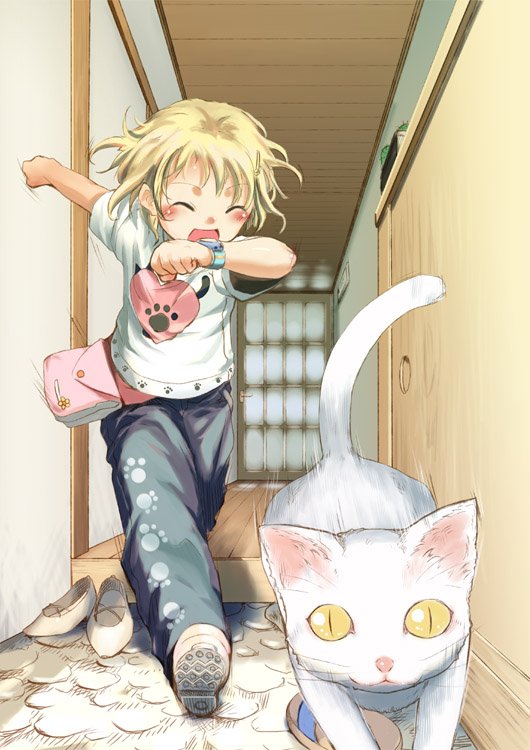 1girl, bag, belt_pouch, beltbag, blonde_hair, cat, original, running