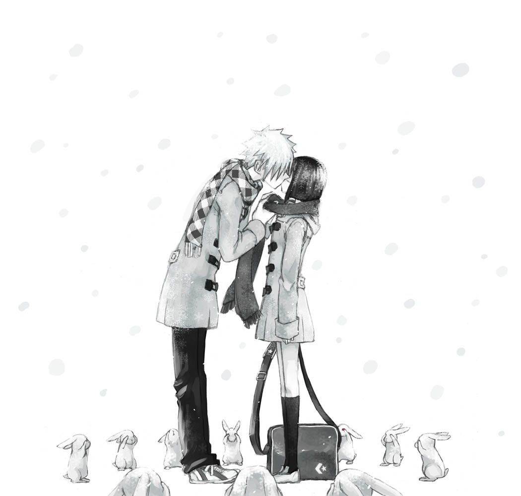 1boy, 1girl, bag, bob_cut, busou_renkin, coat, couple, covering, covering_eyes, covering_face, footwear, futou_ryouko, hetero, kiss, monochrome, nakamura_gouta, opaque(artist), rabbit, scarf, shoes, short_hair, snow, snowing, socks, standing, tsumura_tokiko