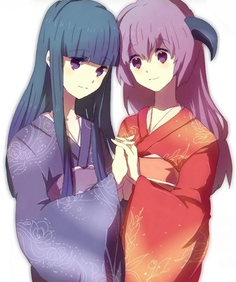 2girls, bangs, blue_hair, blunt_bangs, blush, emi_(emi43), furude_rika, hanyuu