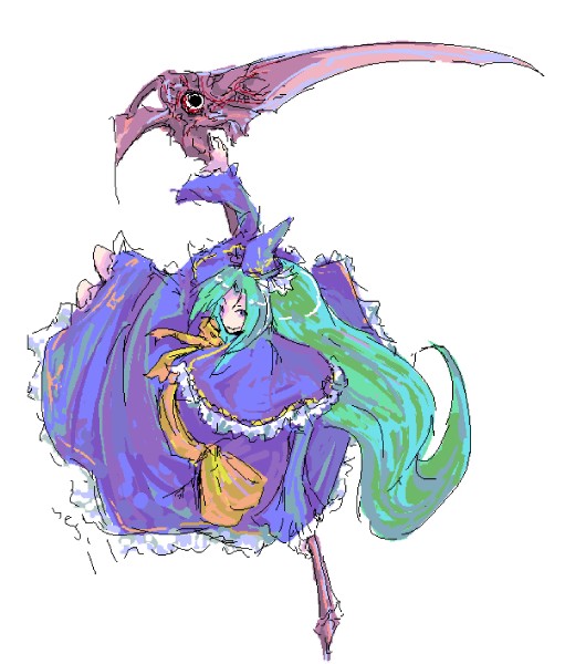 1girl, crossover, green_hair, hat, long_hair, mima, parody, scythe, smile, solo, soul_calibur, soul_edge, soul_edge_(weapon), soulcalibur, touhou, wizard_hat