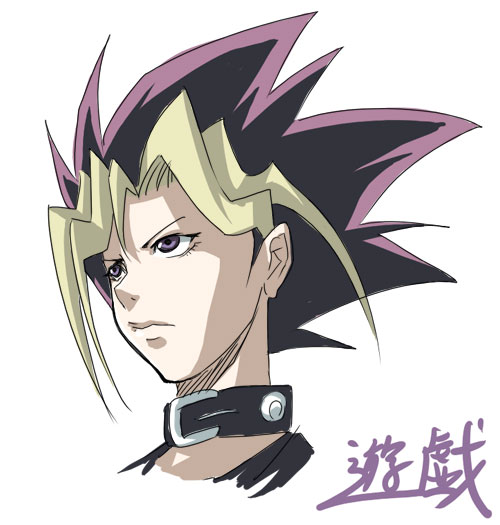 1boy, choker, male_focus, multicolored_hair, mutou_yuugi, profile, solo, violet_eyes