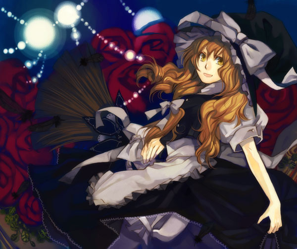 1girl, apron, blonde_hair, bow, brown_hair, dress, feathers, female