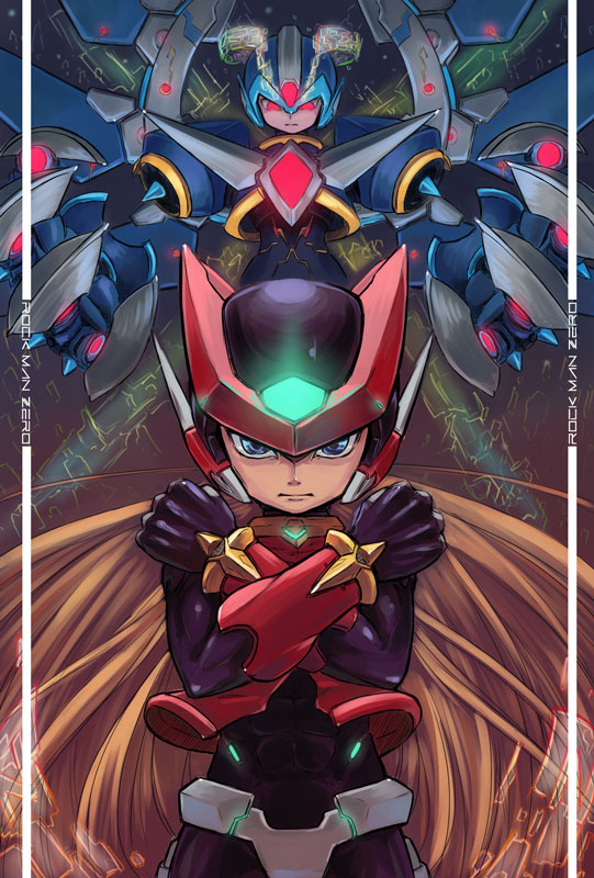 2boys, android, armor, blonde_hair, blue_eyes, bodysuit, capcom, copy_x